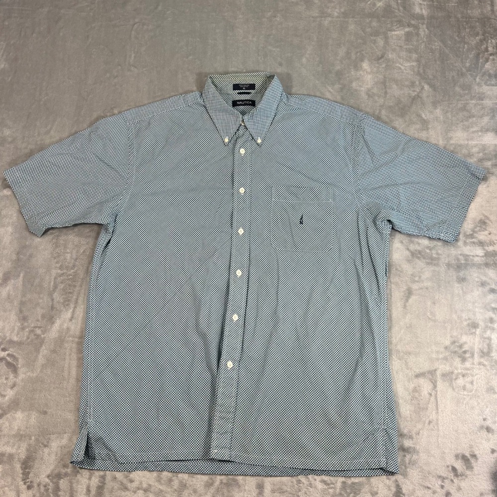NAUTICA Mens XL Short Sleeve Gingham Button Down Shirt Teal White Cotton Y2K 00s